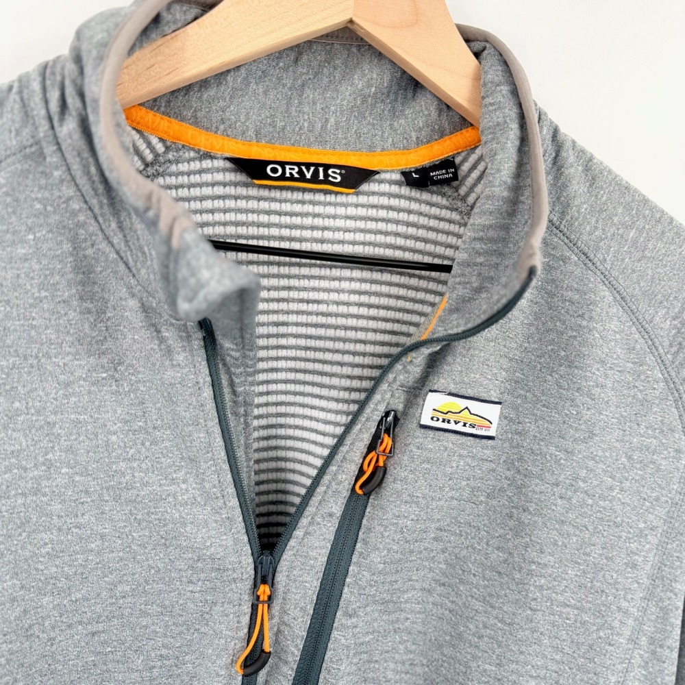 Orvis Pullover Men Large Gray Excellent Grid Fleece Quarter Zip Chest Pocket